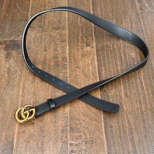 Black Leather Belt with Gold Double G Interlocking Buckle